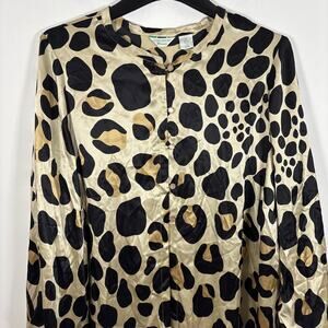 Laura Ashley Plus Size 2X Animal Print Silk Tunic Button Front Beige Blouse